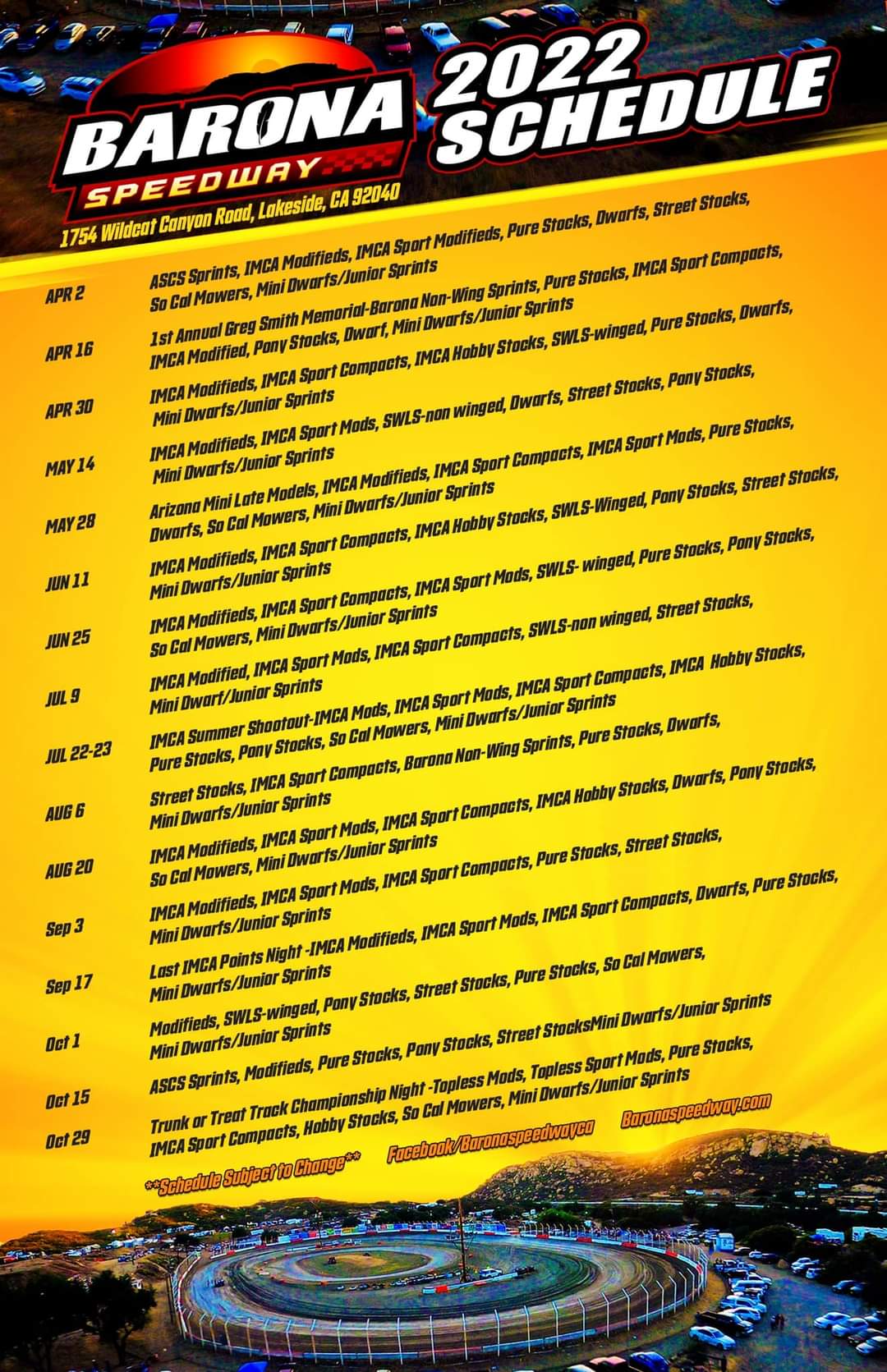 2022 Schedule Barona Speedway